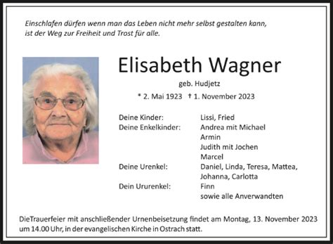 Traueranzeigen Von Elisabeth Wagner Schwaebische De Trauerportal