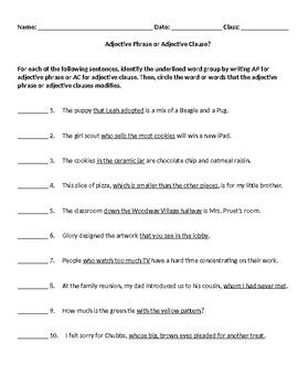 Adjective Phrase Or Adjective Clause Worksheet By Catherine Schweer