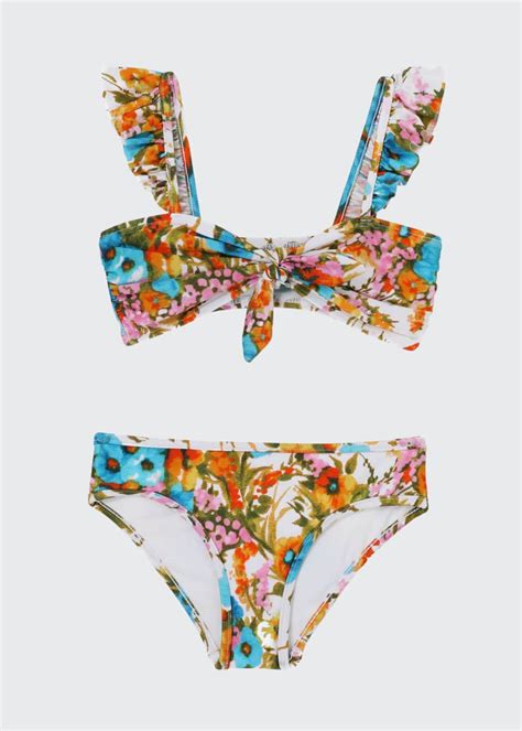 Zimmermann Girl S Estelle Floral Print Ruffle Piece Bikini Set Size