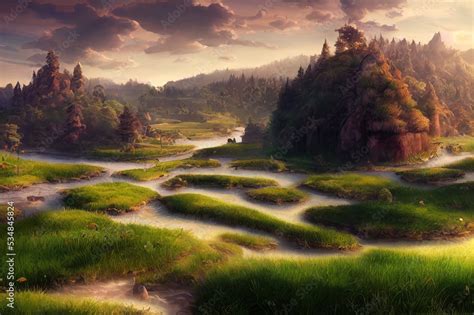 Fantasy Land Grass And Hill River And Tree With Fantastic Realistic