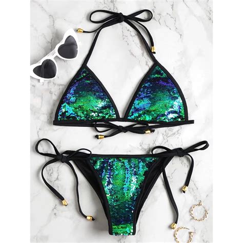 ZAFUL Self Tie Sequined Bikini Set Brazilian Bikini String Halter