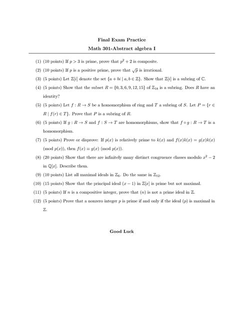 Abstract Algebrapracticefinal Final Exam Practice Math Abstract