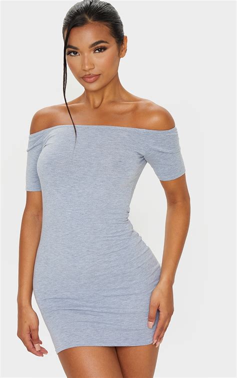 Grey Marl Short Sleeve Bardot Bodycon Dress Prettylittlething Aus