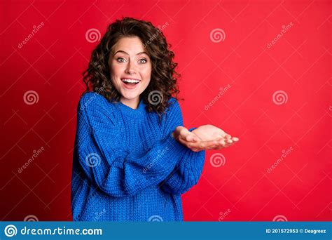 Photo Of Pretty Lady Wavy Hairdo Excited Cheerful Hands Palms Arms Hold