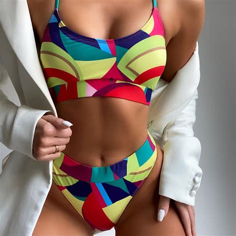 Abstract Geometry Bandeau Bikini Set Adjustable Strap Swimwear China