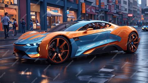 Premium Photo Futuristic Blue And Orange Sports Car On City Street