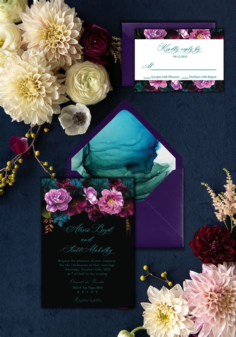 Jewel Tone Floral Wedding Invitation Moody Teal and Black - Etsy ...