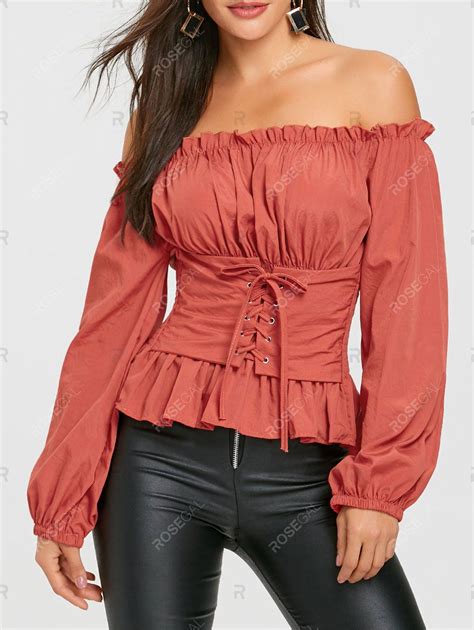 2018 Smocked Lace Up Off The Shoulder Blouse In Jacinth One Size