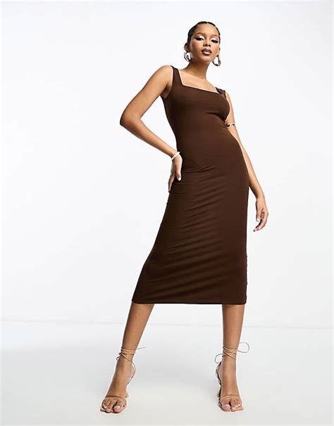 Asos Design Square Neck Softline Midi Dress In Chocolate Asos