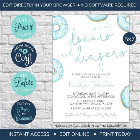 EDITABLE Donuts And Diapers Baby Shower Invitation Baby Sprinkle