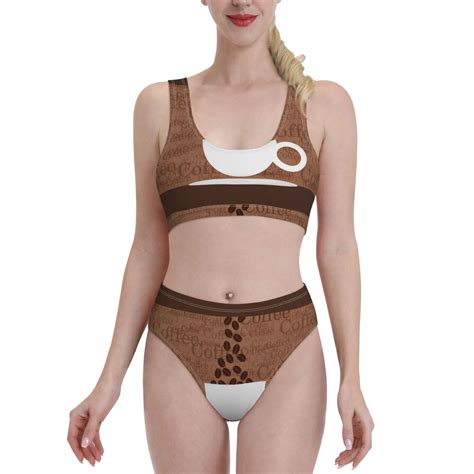 Bixox Coffee Cafe Cup Pattern Two Piece Sports Bikini With U Shaped Top