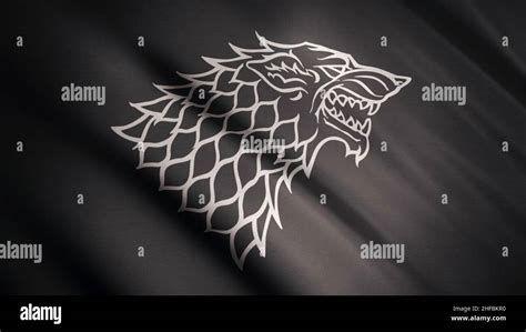 Black Wolf Grin Silhouette On Fluttering Abstract Flag Of Grey Color