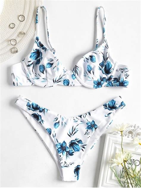 Off Underwire Flower Print Bikini In White Zaful