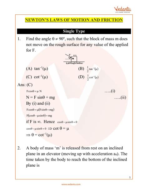 JEE Advanced Newtons Laws Of Motion And Friction Important Questions