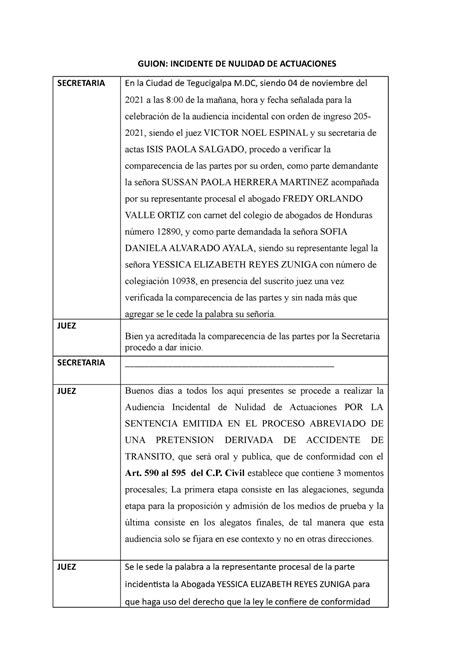 Guion Incidente De Nulidad De Actuaciones Grupo 5 Derecho Penal