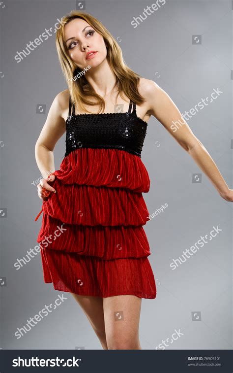 Sexy Blonde Red Dress Posing Studio Stock Photo 76505101 Shutterstock