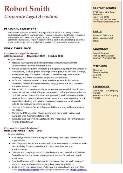 Corporate Legal Assistant Resume Samples Qwikresume