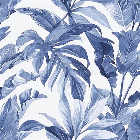 Watercolor Seamless Pattern With Tropical Leaves In Blue Jungle Print