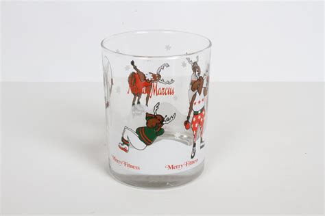 Vintage Neiman Marcus Holiday Christmas Theme Merry Fitness Bar Glasses