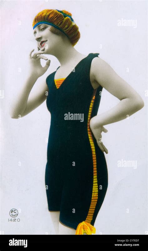 1920s Bathing Beauty Wearing Fashionable Swimming Costume Uk Hand