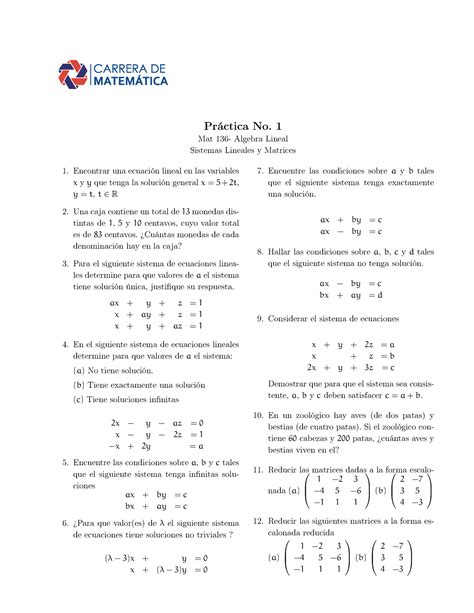 Sistemas Lineales Y Matrices Pr Ctica No Mat Algebra Lineal