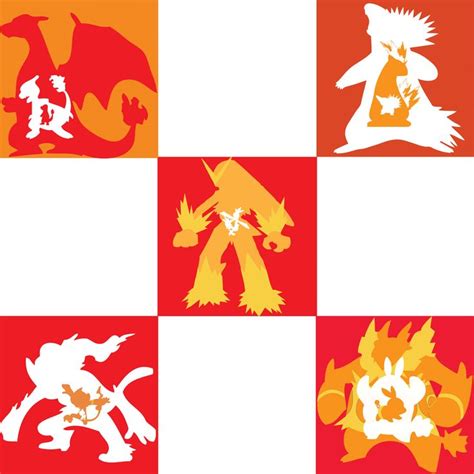 Four Different Colored Pokemon Silhouettes On White And Red Squares