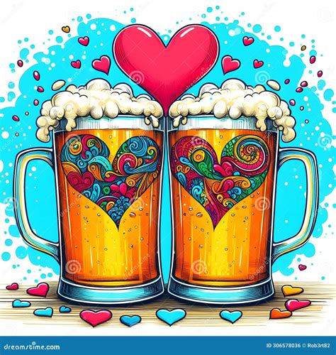 Two Glasses Of Beer With Foam And Hearts Vector Illustration In Sketch