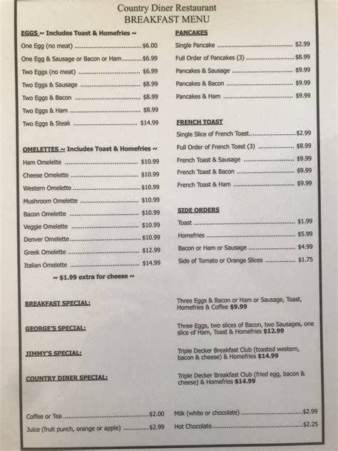 Menu At Country Diner Restaurant Smiths Falls