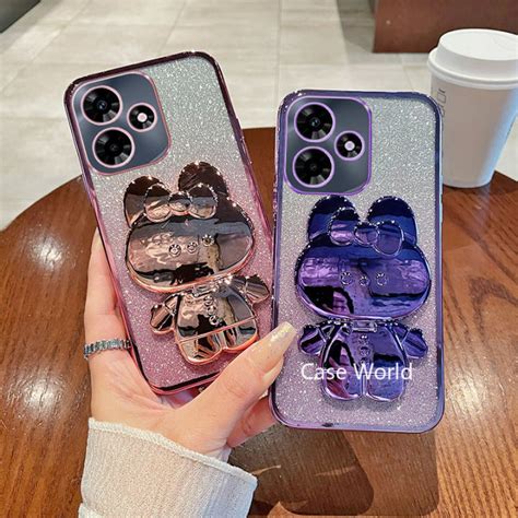 เคสสำหรบ Infinix Hot 30 Play Hot 30 Play NFC หรหราแวววาวกระจกแตงหนากระตายฝาหลงขาตงพบได