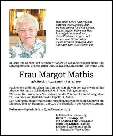 Todesanzeigen Von Margot Mathis Todesanzeigen Vorarlberger Nachrichten