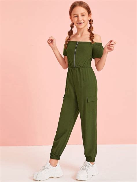 Girls Off Shoulder Zip Front Flap Pocket Side Jumpsuit Jumpsuits For