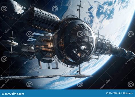 A Sleek And Futuristic Space Station Orbiting The Earth Stock