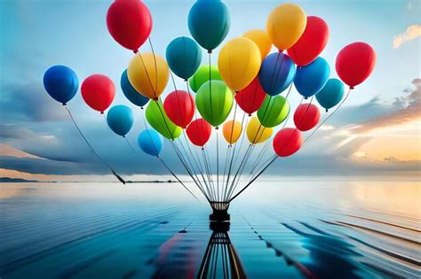 Globos De Colores Flotando En El Agua Con El Cielo De Fondo Foto Premium