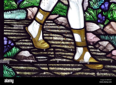 Detail Of Stained Glass Showing The Sower`s Feet With Sandals St Nicholas Church Potterspury