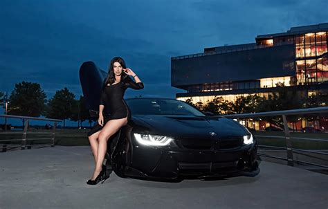 Обои car girl dress beautiful model brunette posing high heels на телефон и рабочий стол