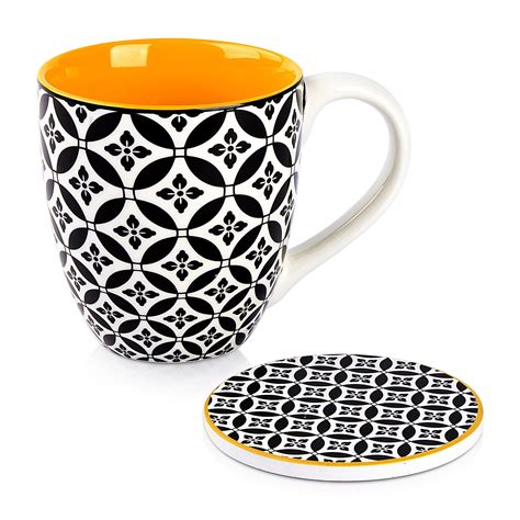 Dowan 19 Oz Large Porcelain Coffee Mug With Coaster Ideal Christmas T Black And Yellow