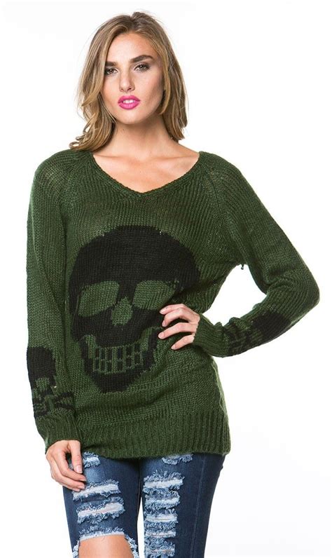 Skull Print Knit Sweater In Green Knitted Sweaters Clothes Design