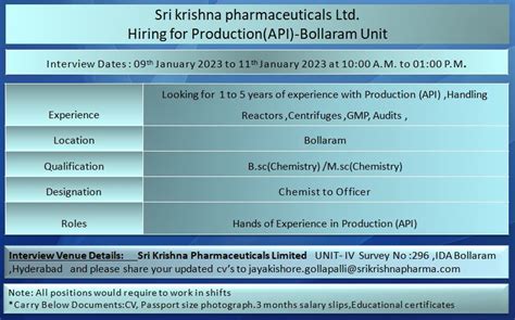 Sri Krishna Pharmaceuticals Ltd Walk In Interview For Production API