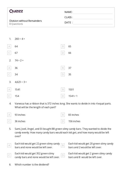 50 Division Without Remainders Worksheets For 4th Class On Quizizz