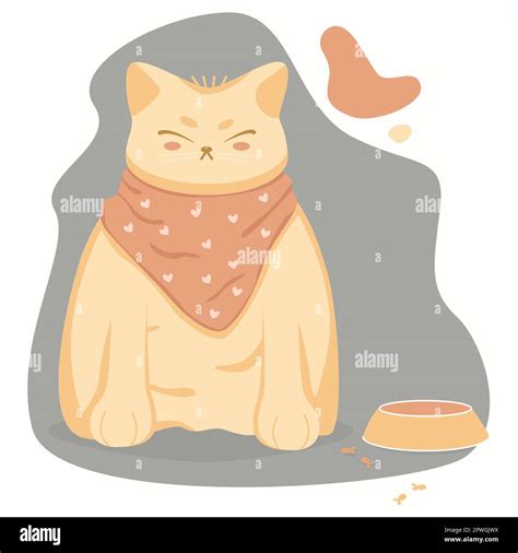 Cute Fat Hungry Cat Sitting Near Empty Bowl Kawaii Vector Cartoon