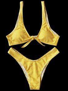 Hot Front Tie Thong Plaid Bikini Set In White And Yellow M Zaful