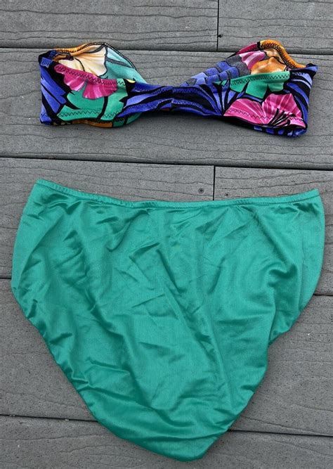 Vintage 1970s Bikini With Strapless Top Teal And Trop Gem