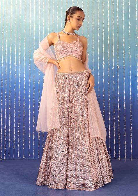 Buy Women Rose Gold Sequin Striped Embroidered Lehenga Set With Blouse