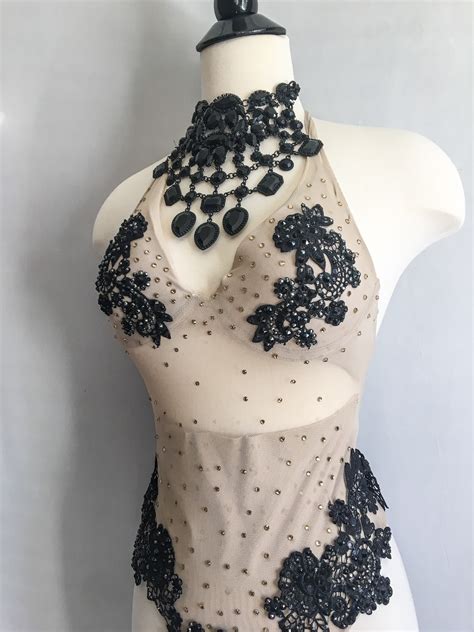 Illusion Nude Aerial Burlesque Leotard Couture Black Lace Applique Leotard Light Tone Mesh