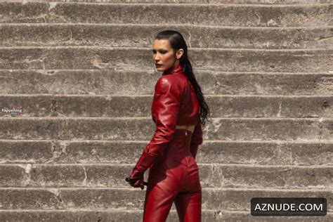 Bella Hadid Sexy Spotted Wearing A Hot Red Leather Catsuit As She Films The Beauty Series Aznude