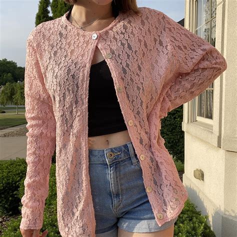 Adorable Pink Lace Button Down Size Large Top Depop