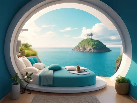 Premium Photo | A blue bedroom with ocean view