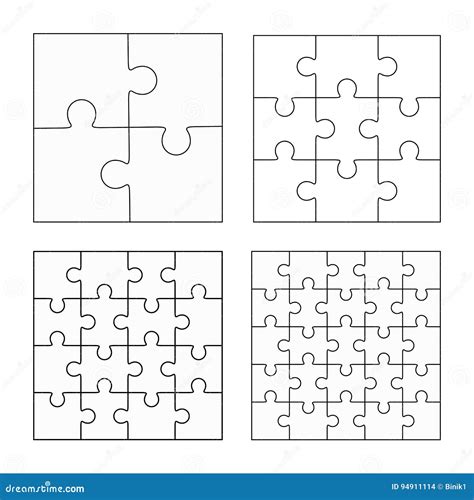 Jigsaw Puzzle Four Vector Flat Blank Templates Set Stock Vector