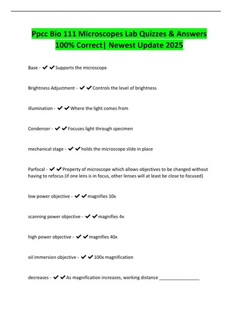 Ppcc Bio 111 Microscopes Lab Quizzes & Answers 100% Correct| Newest