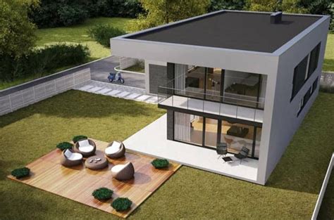 An Aerial View Of A Modern House In The Middle Of A Grassy Area With